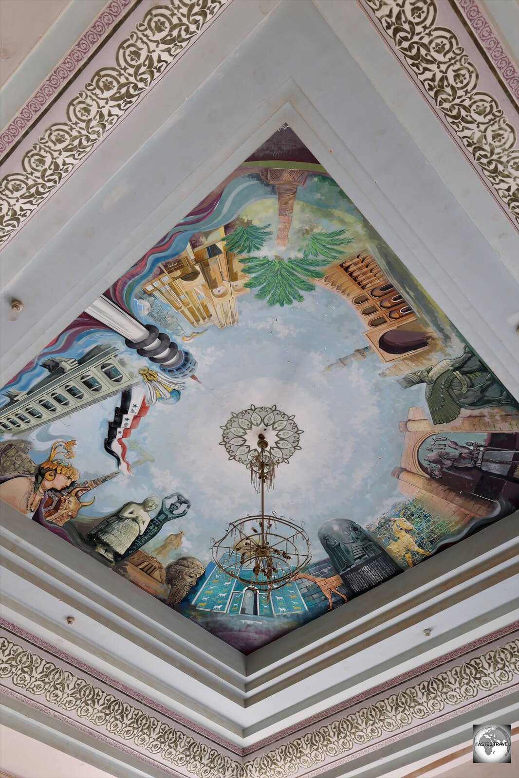 Detail of ceiling fresco in the throne room of Saddam's Babylon palace.