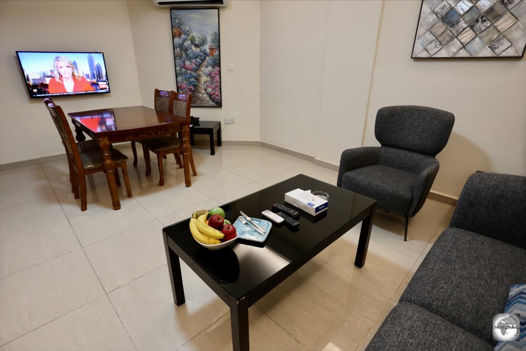 An ideal office while in Baghdad - the living room of my suite at the Andalus Hotel Suites in Baghdad.