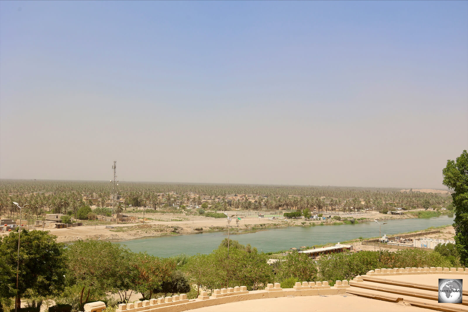 A view of the Euphrates, and an extensive date palmerie, from the balcony of Saddam Hussein's palace in Babylon.