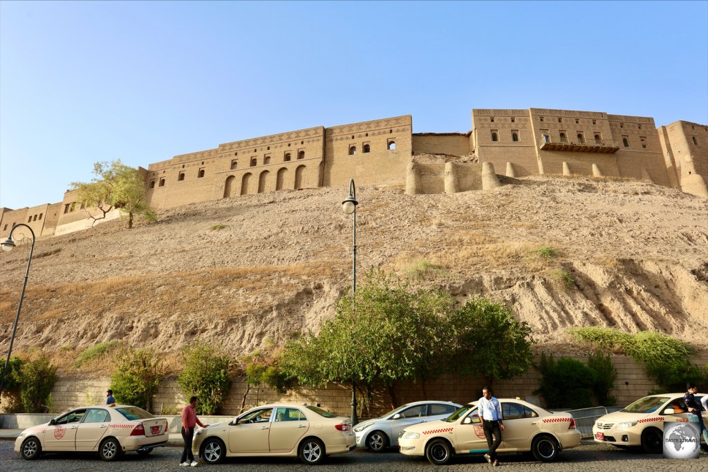 Taxis, parked outside Erbil Citadel.