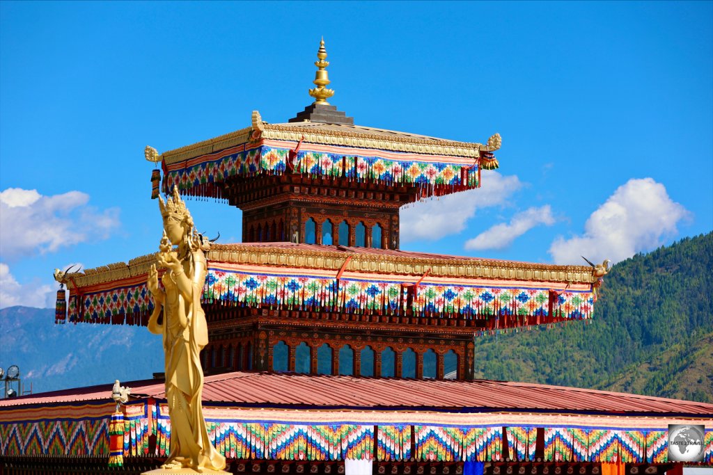 Detail of a temple roof at the Buddha Dordenma temple complex.