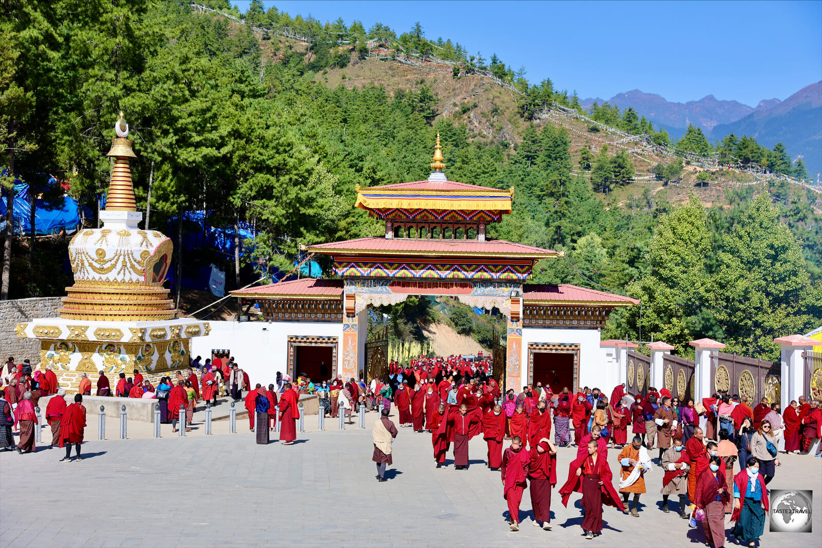 Worshipers arriving at the Buddha Dordenma temple to hear prays from the religious leader of Bhutan.