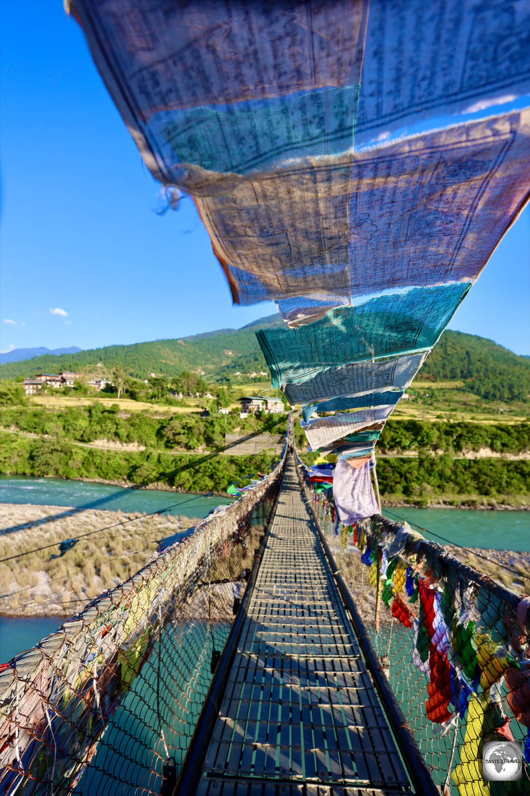 Prayer flags on Punakha suspension bridge.