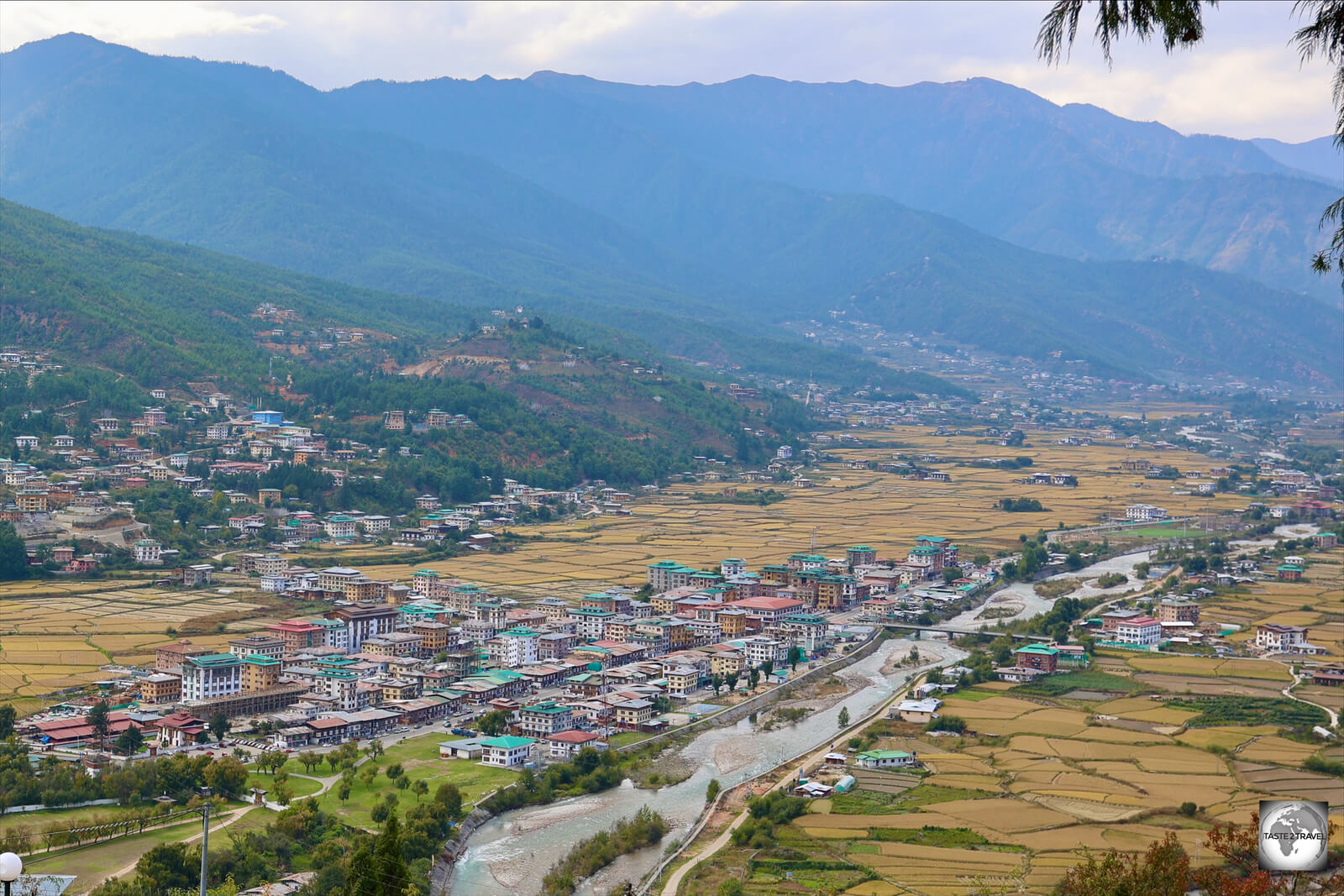 A view of Paro Valley, and the Paro River, from the National Museum of Bhutan.