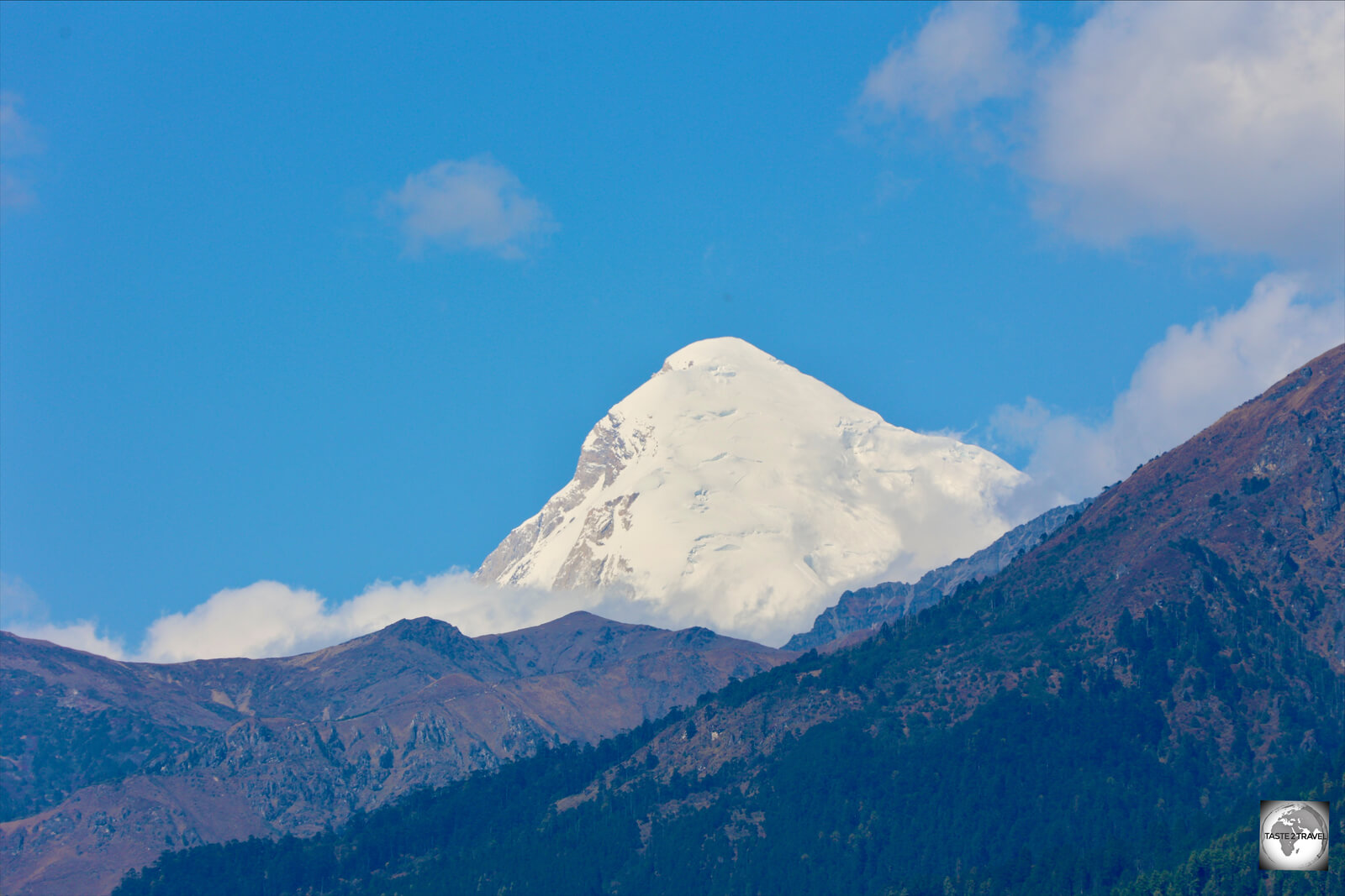 Located on the Bhutan - Tibet border, Jomolhari, as seen from Paro Valley, is Bhutan's second highest mountain with an elevation of 7,326 m / 24,035 ft.