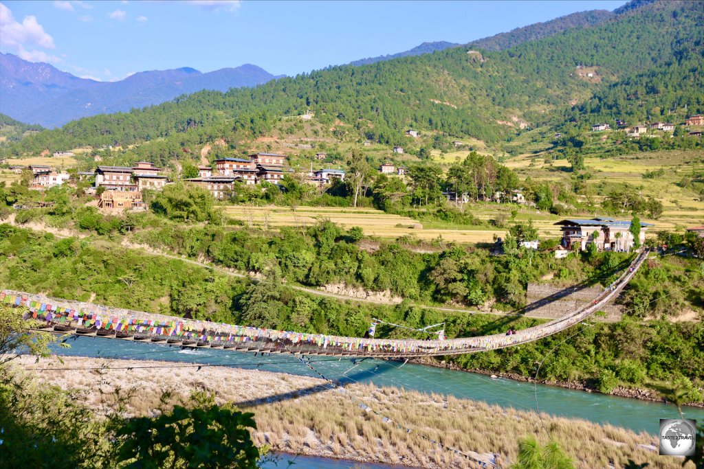 Punakha suspension bridge is the longest such bridge in Bhutan, measuring 180 metres (590 ft) in length.