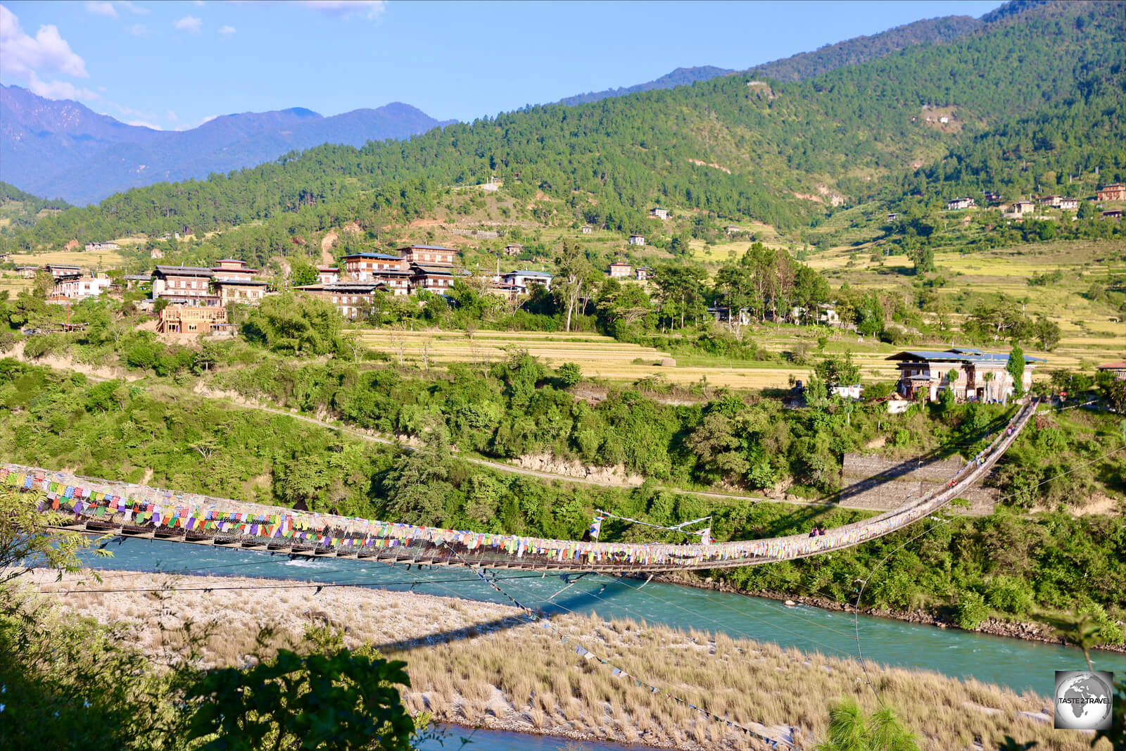 Punakha suspension Bridge is the longest such bridge in Bhutan, measuring 180 metres (590 ft) in length.