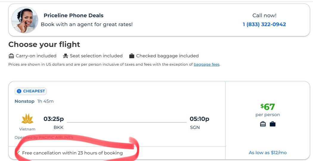 A Priceline.com ticket, with the free 23-hour cancel option highlighted.
