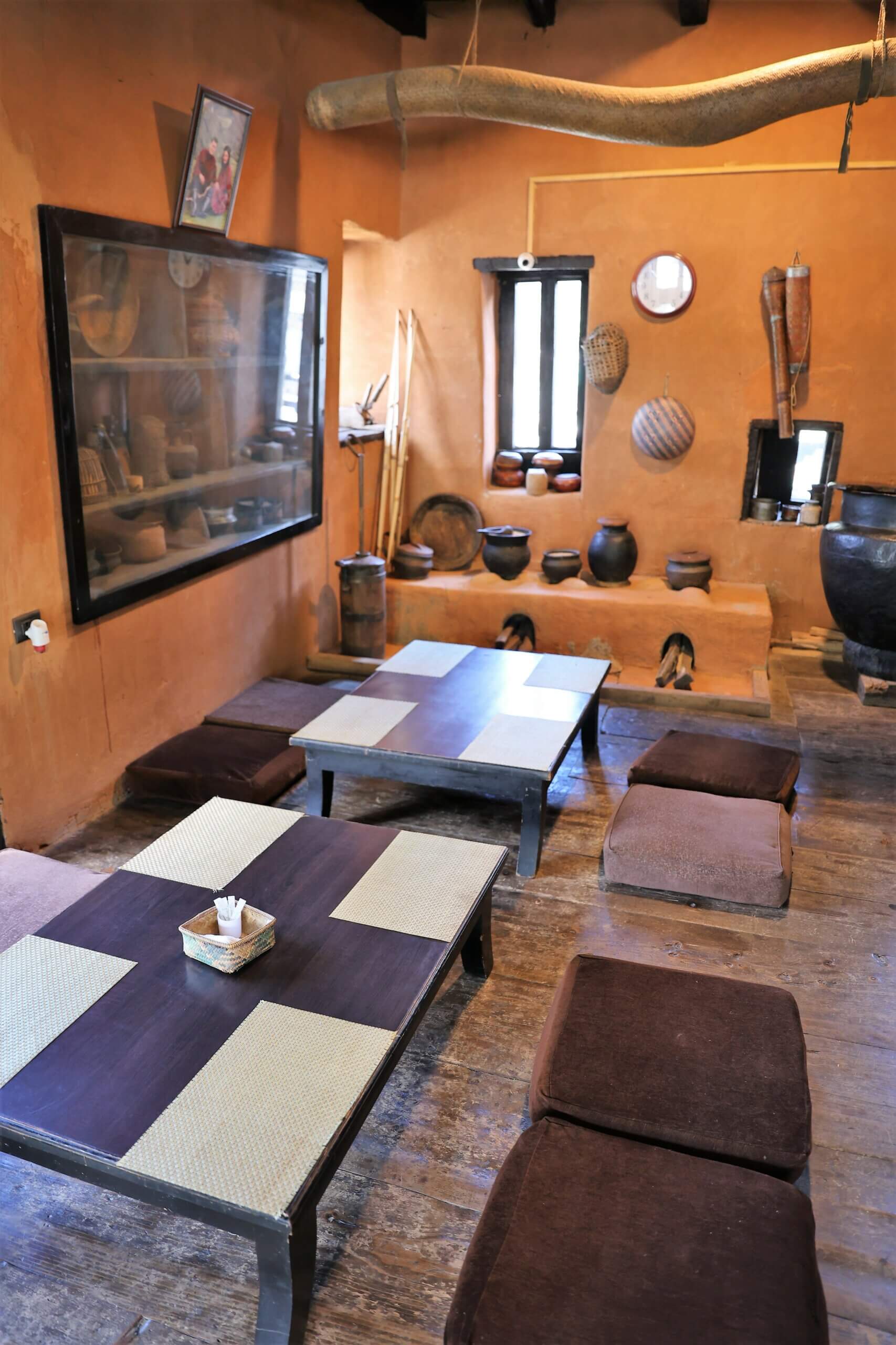 Interior of the rustic Babesa Village Restaurant in Thimphu. 