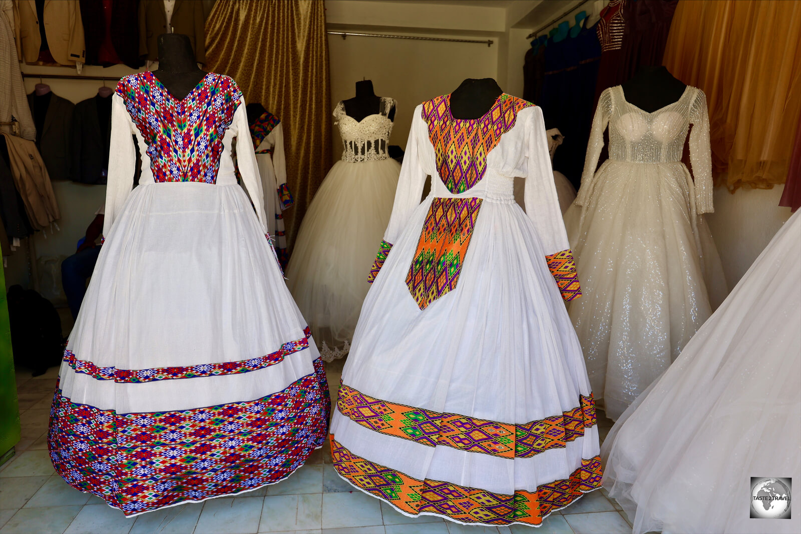 Traditional Eritrean bridal dresses, in a shop in Keren.