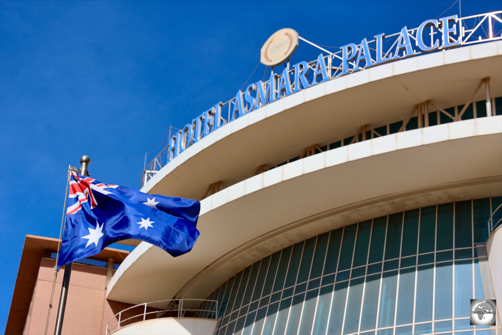 To honour my stay, the Australian flag was flown outside the Asmara Palace hotel.