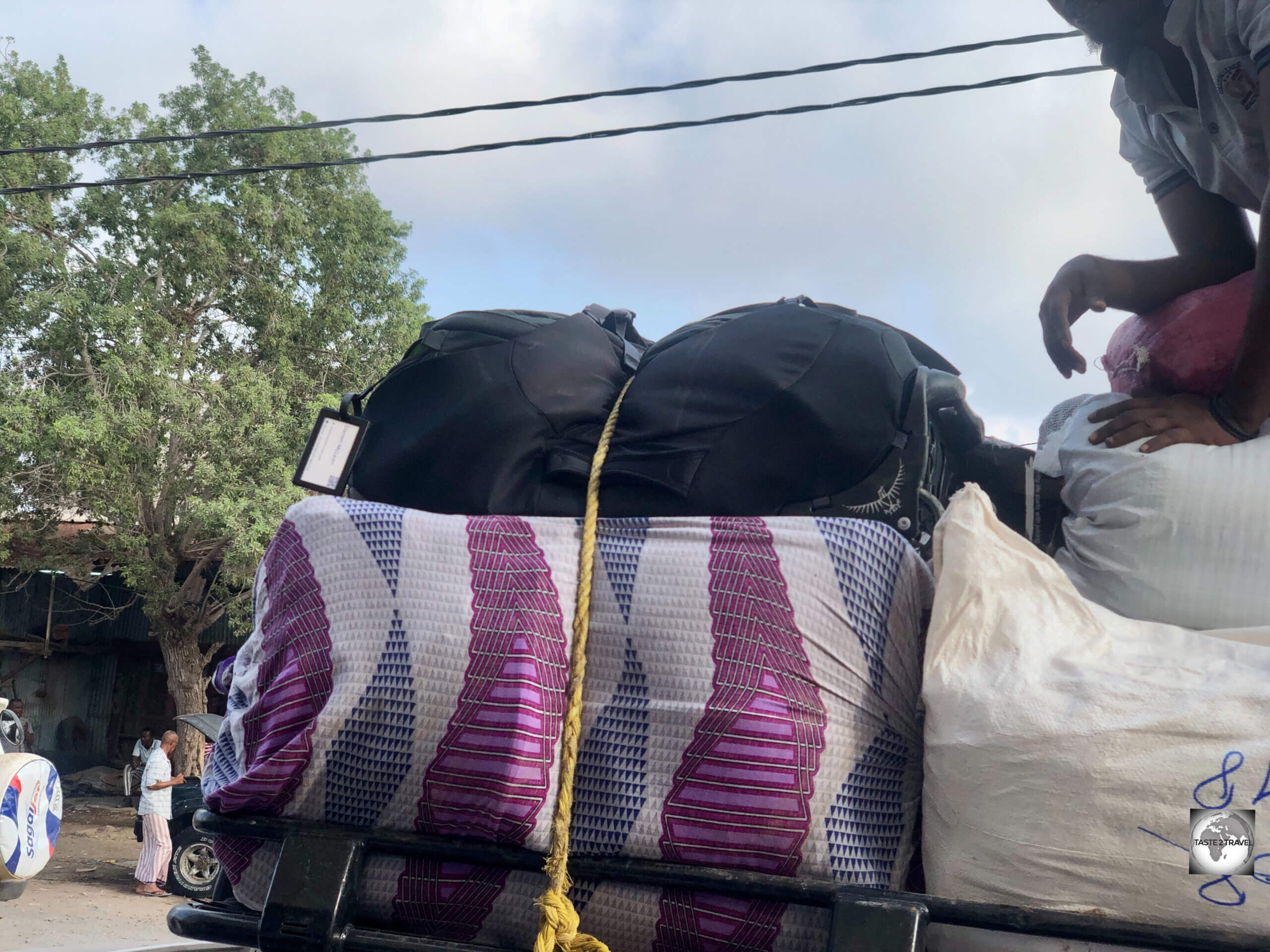 When first loaded in Djibouti City, my Sojourn travel bag was placed on top of the load. At the border, it was repacked and moved to the bottom of the pile. 