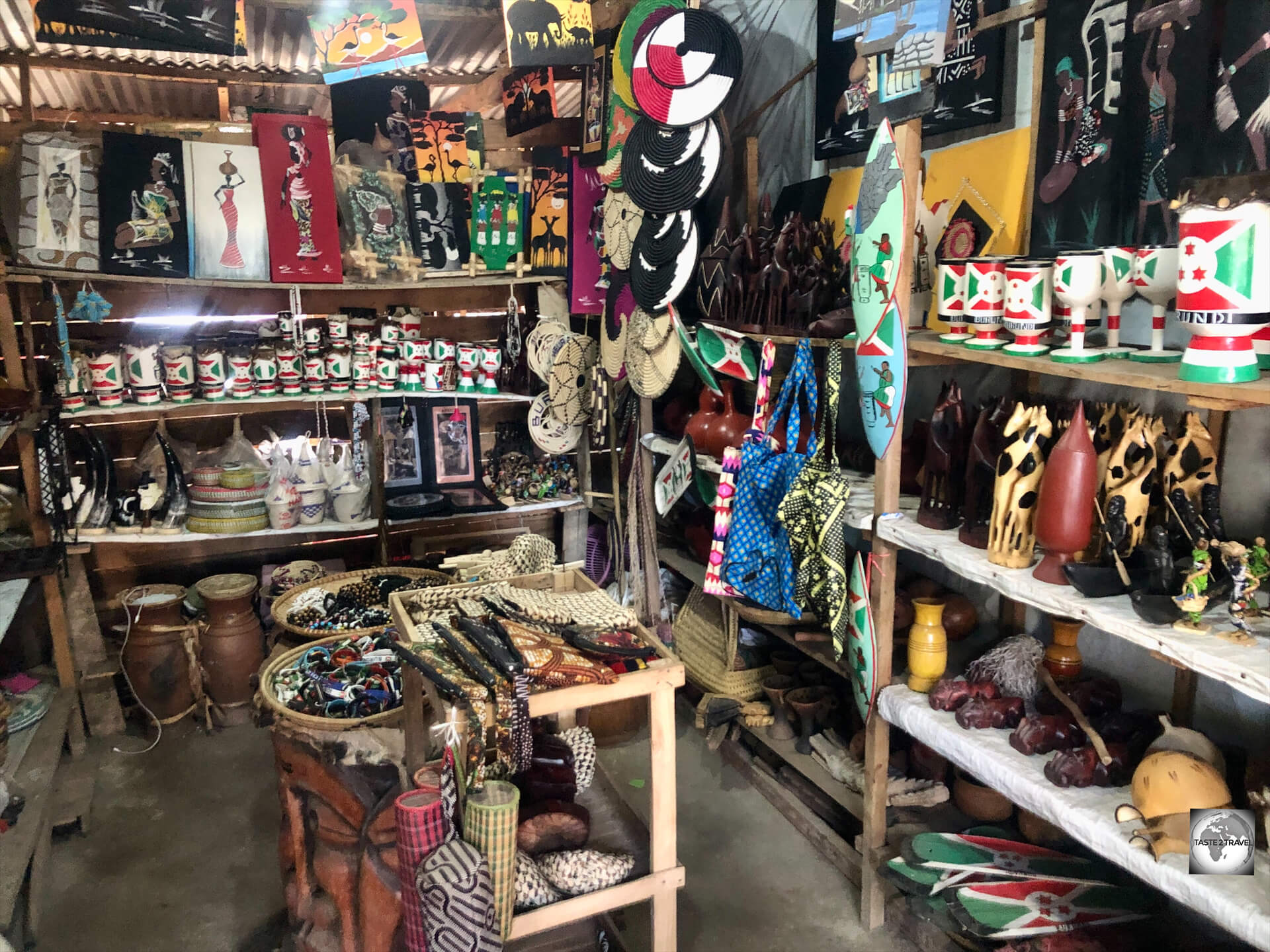 The shops at the Bujumbura craft market are full of bargain souvenirs. 