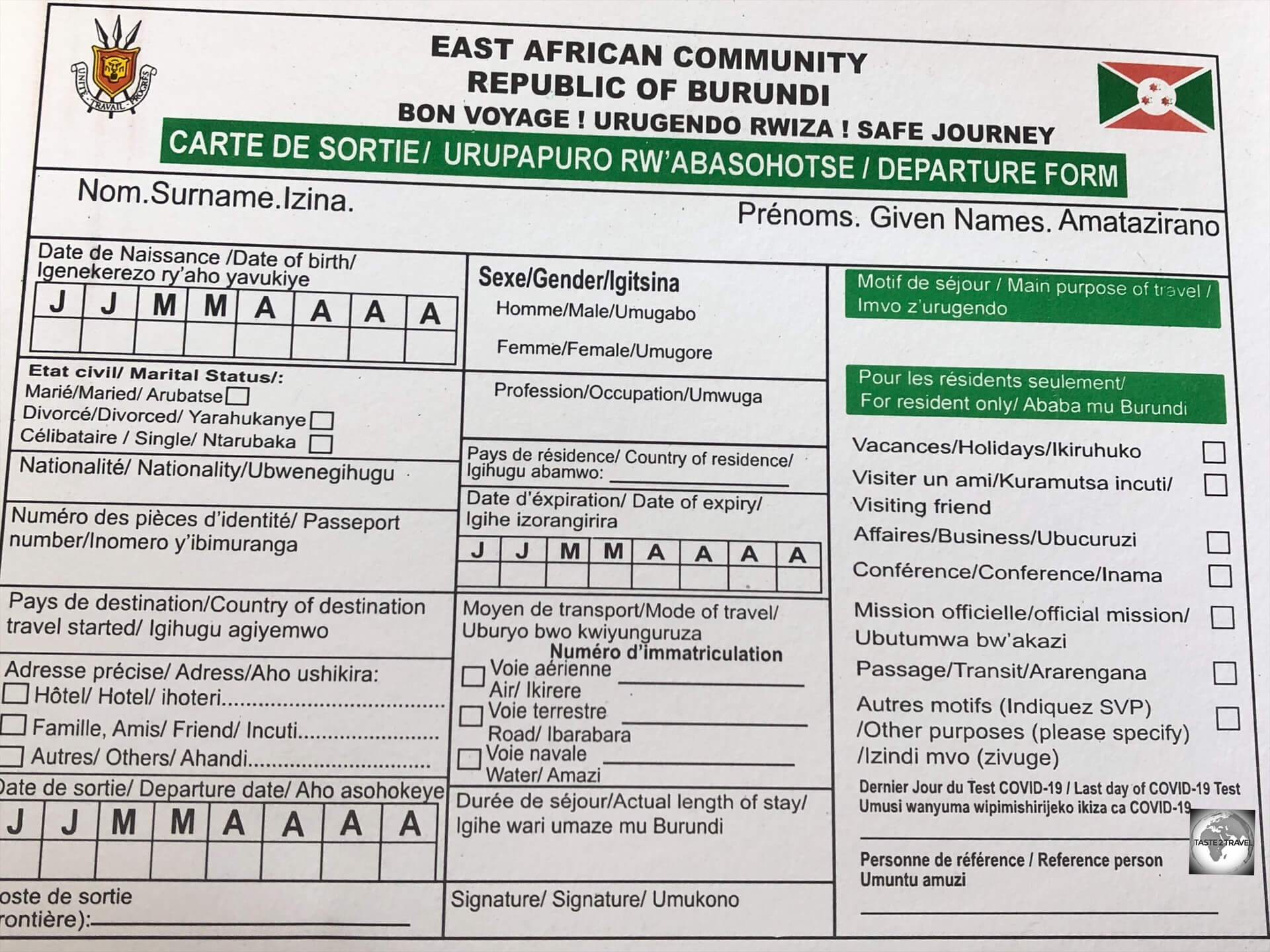 The entry/ exit form at Bujumbura International Airport. 