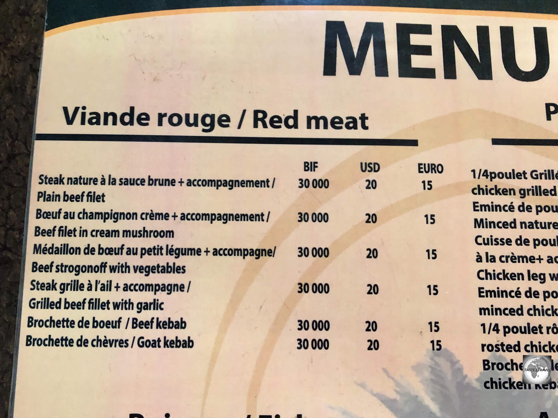 Menu prices at a restaurant in Bujumbura.