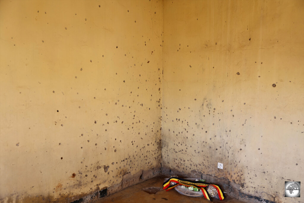 The ten Belgium soldiers, who were huddled in the corner of this former classroom, were killed instantly by a grenade.