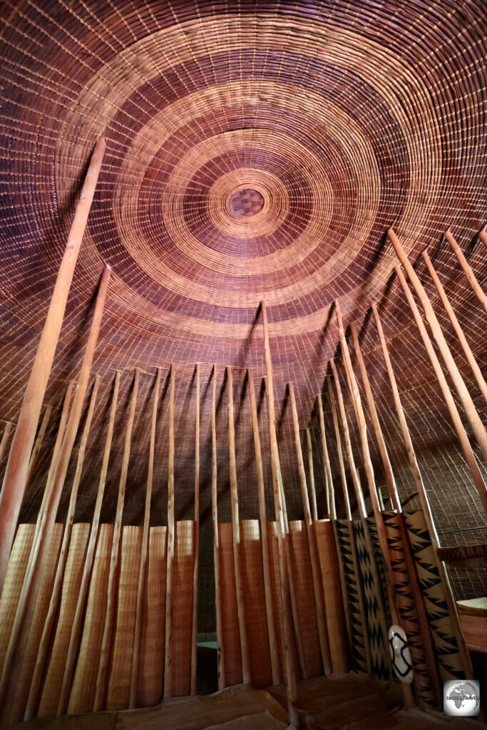 A view of the intricately woven ceiling of the Royal Palace at Nyanza.