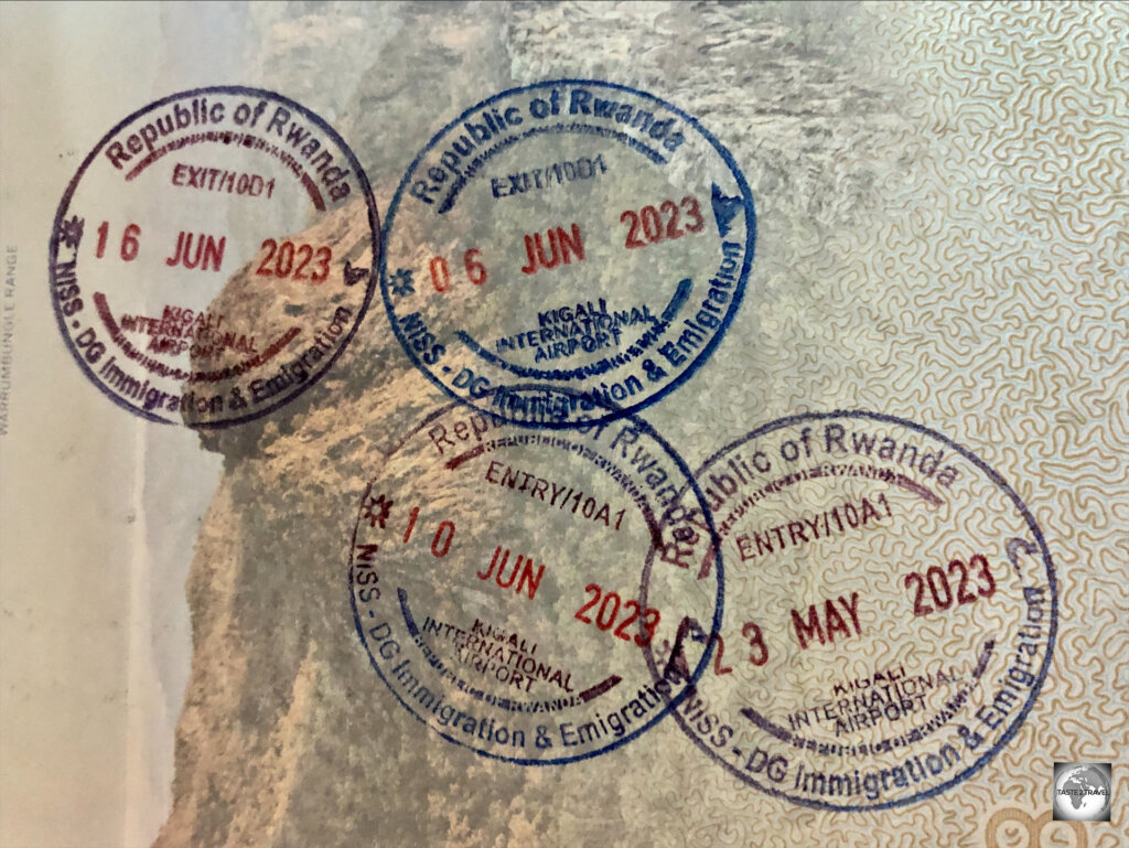 My Rwandan immigration entry and exit stamps.