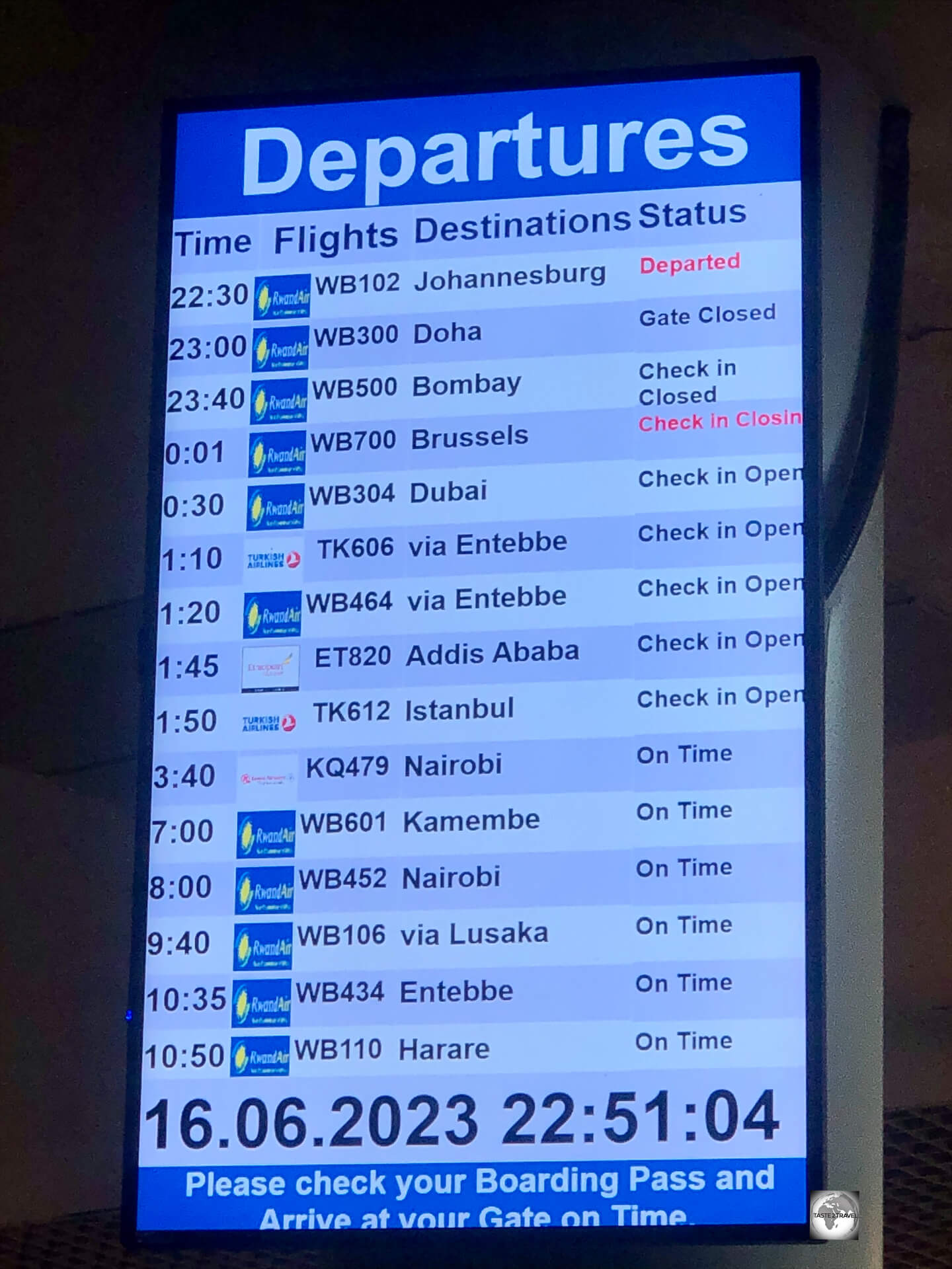 Flight departures from Kigali International Airport. 