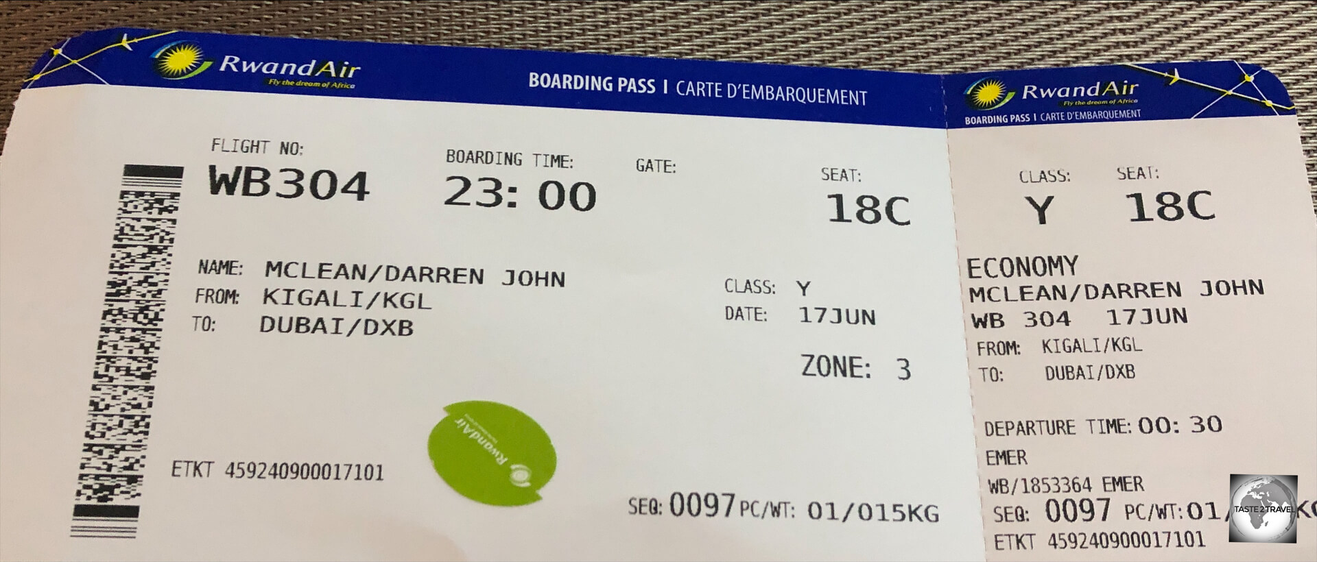 My boarding pass, for my RwandAir flight from Kigali to Dubai. 