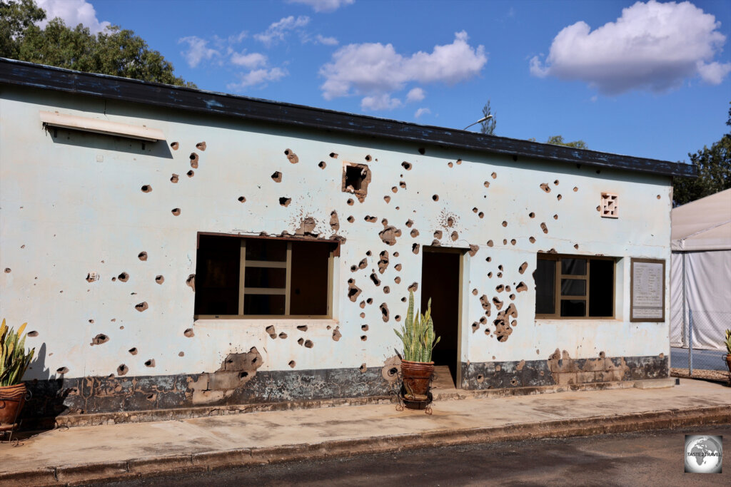 The bullet-sprayed building, in which 10 Belgium UN Peacekeepers died, now houses a small exhibition on the 1994 genocide.