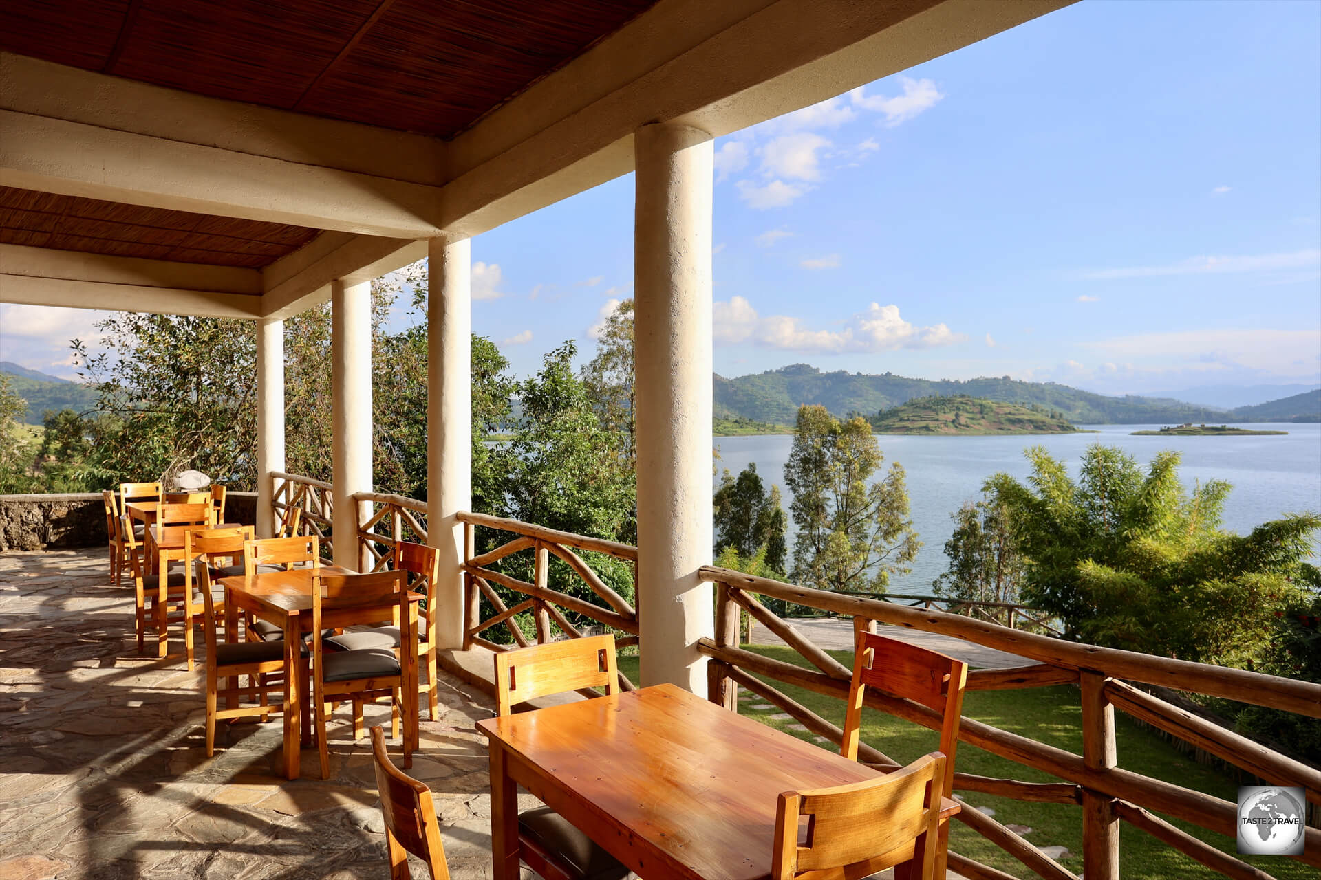 Stunning views of Lake Ruhondo from the restaurant at 'My Hill Eco Resort', the only dining option in this part of Rwanda. 