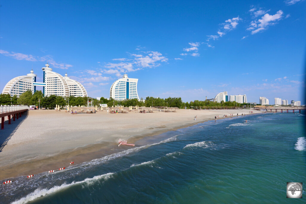 A view of the white-marble hotels which line the shore of the Caspian Sea, inside the Avaza National Tourist Zone.