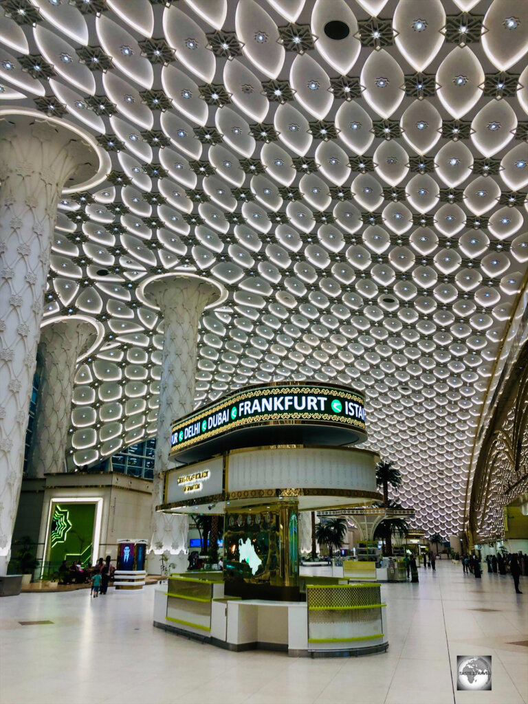 The gleaming white-marble interior of Ashgabat International Airport.