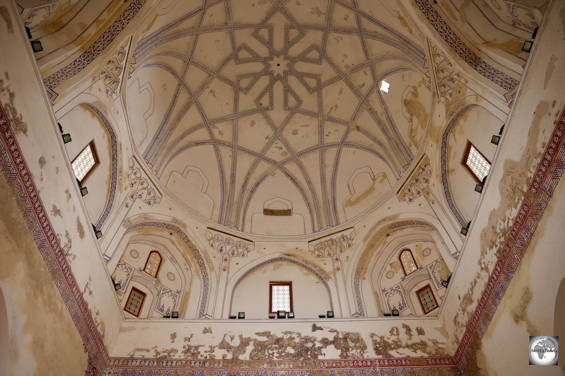 A view of the ornate ceiling of the Mausoleum of Ahmad Sanjar at Merv, Turkmenistan. 