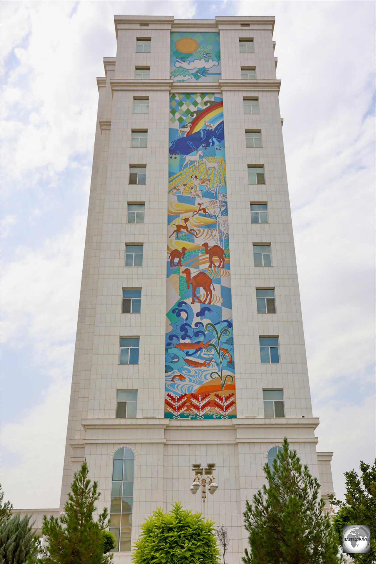 Giant mosaic artwork adorns many apartment buildings in Ashgabat.