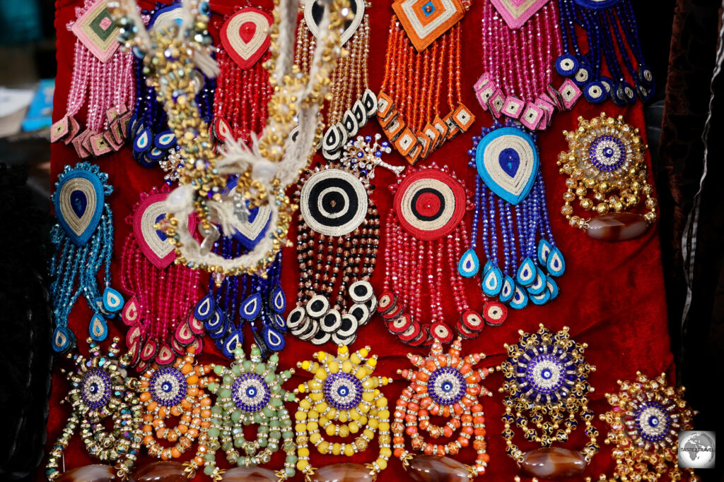 Colourful clothing decorations on sale at the at the Tolkuchka Bazaar in Ashgabat.