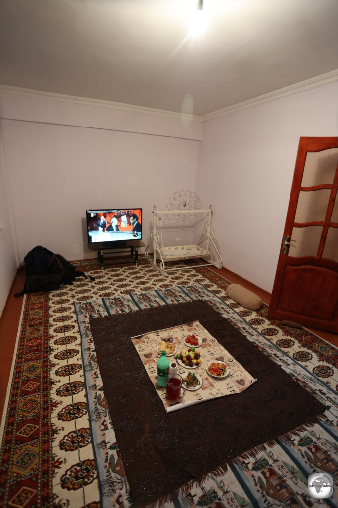 Dinner is served! A view of the living room at Rejep's apartment. I ate and slept on the floor in this room.