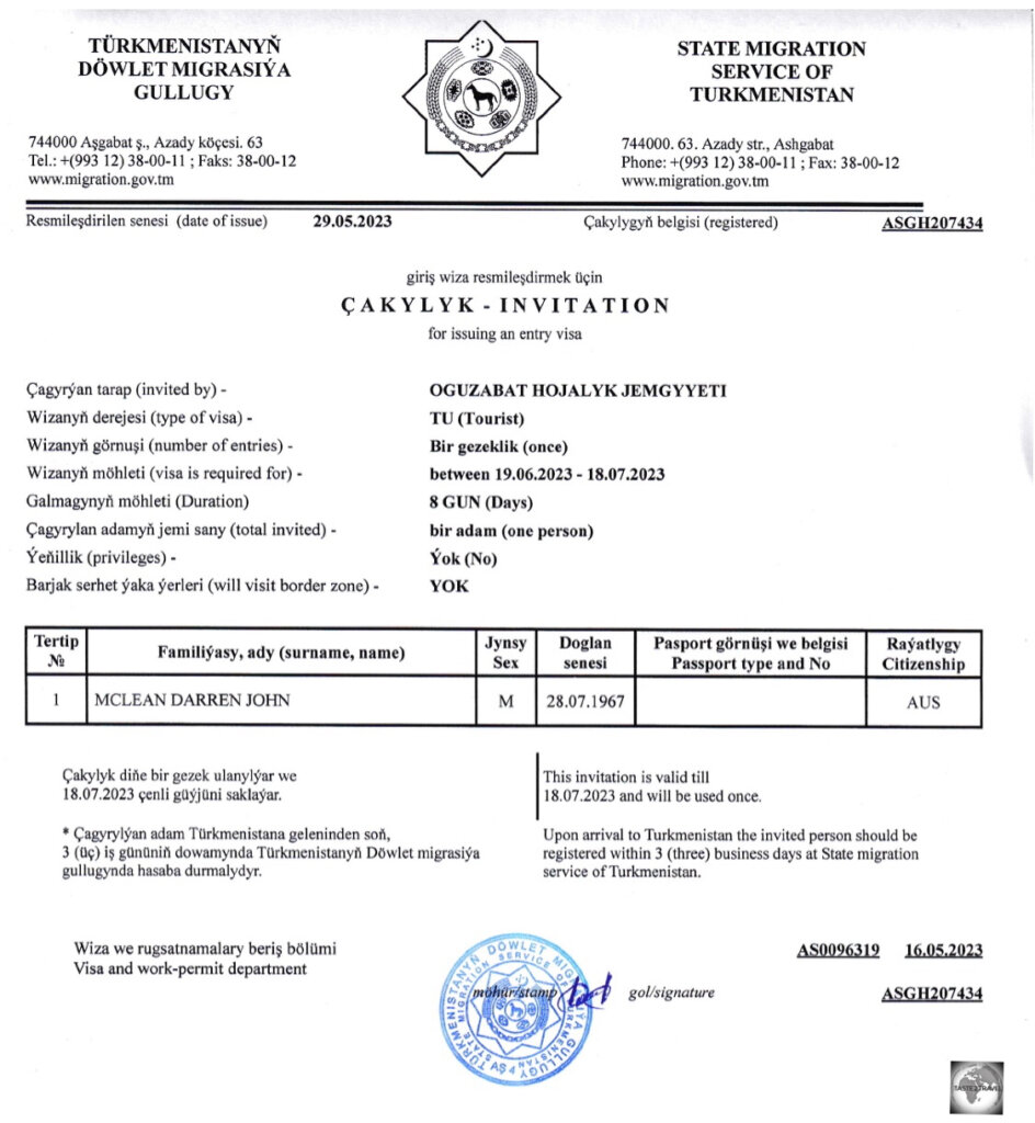 My Letter of Invitation (LOI), which serves as a visa authorisation letter for Turkmenistan.