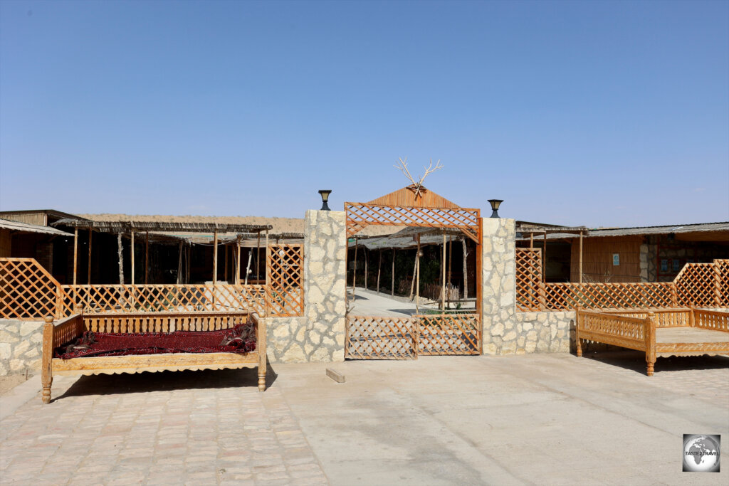 A view of the restaurant complex at the Darvaza Gas Crater.