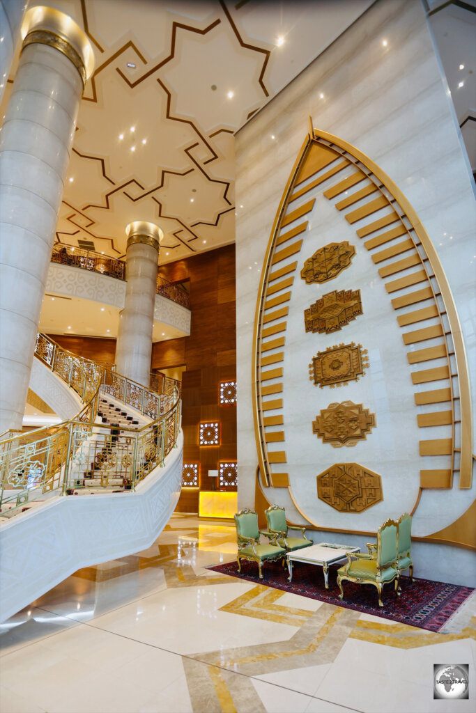 The very plush, marbled-lined lobby, at the Yyldyz Hotel in Ashgabat.