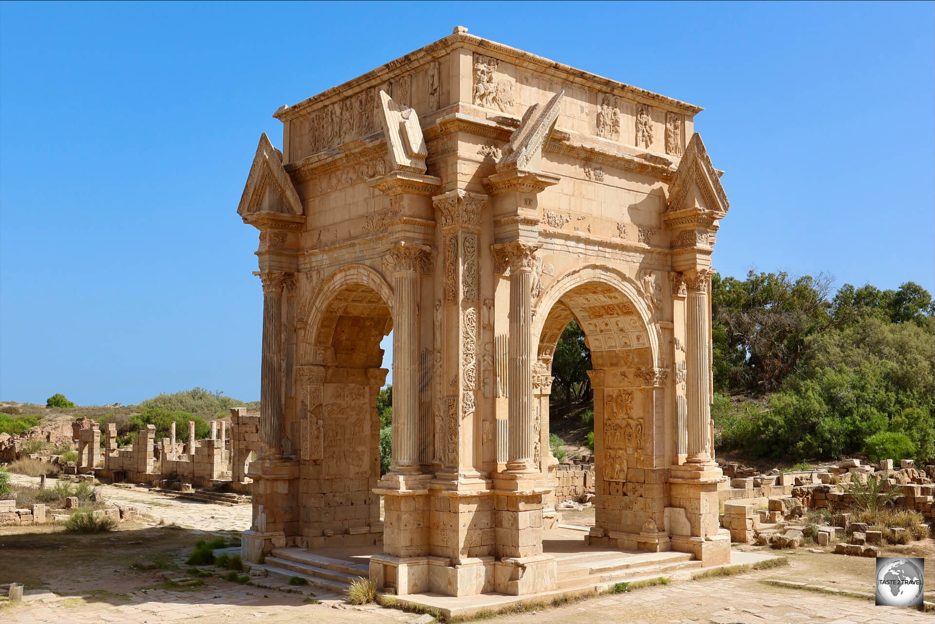 The Arch of Septimius Severus is a triumphal arch in Leptis Magna. It was commissioned by the Libya-born Roman Emperor Septimius Severus.