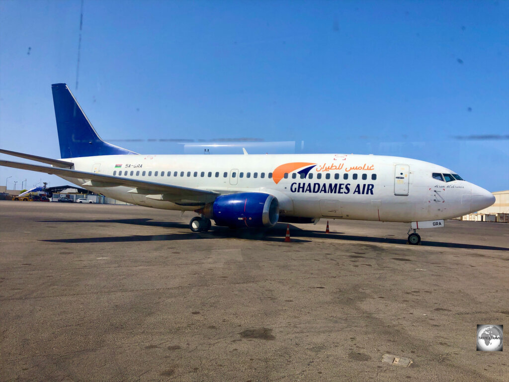 A Ghadames Air Transport plane, on the tarmac at Mitiga International Airport in Tripoli.