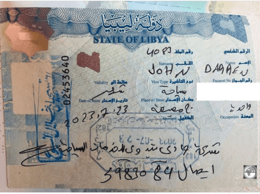 My Libyan visa, with entry stamp, which was issued on arrival at Mitiga International Airport. 