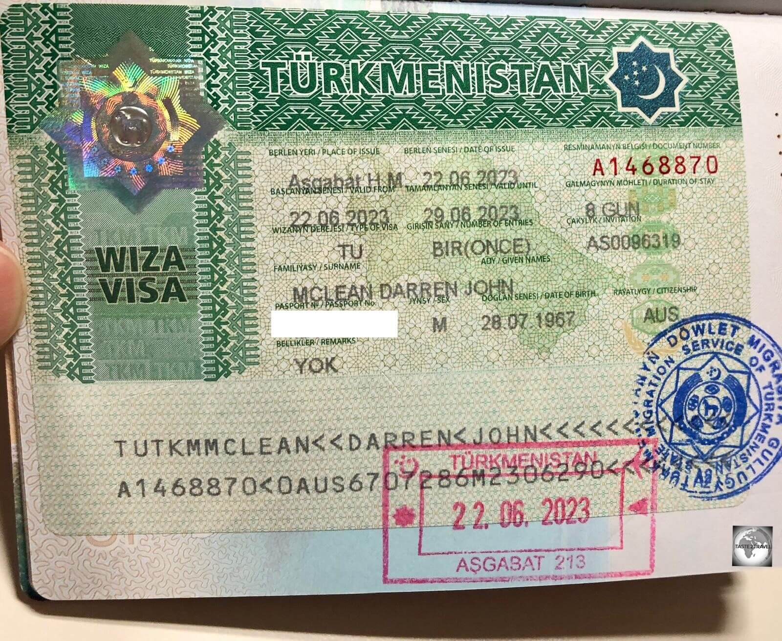 My visa for Turkmenistan which was issued on arrival at Ashgabat International Airport. 