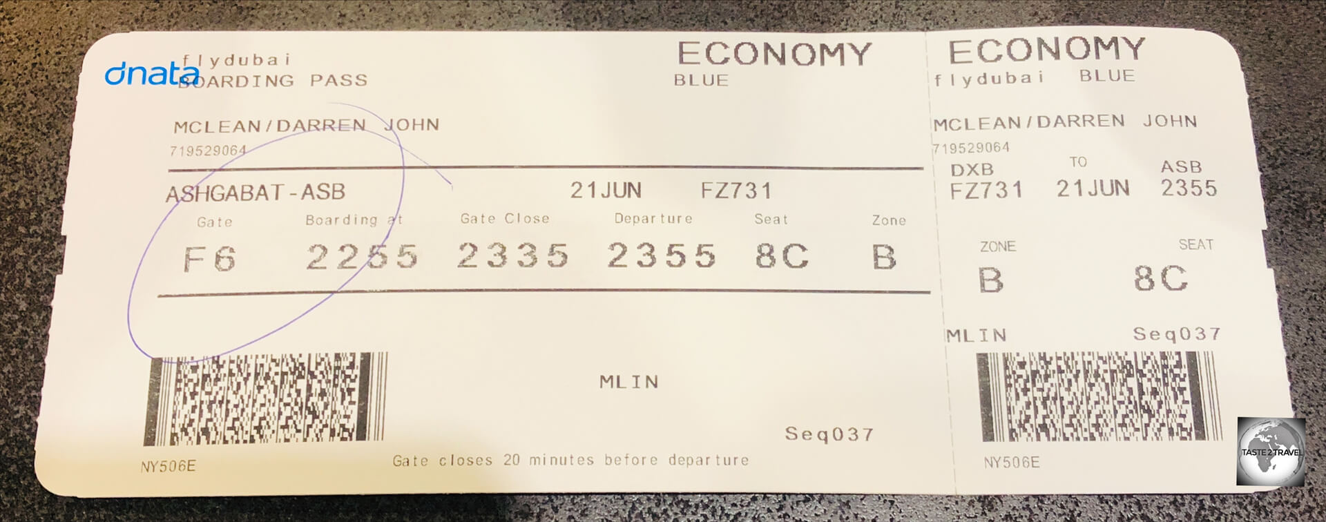 My boarding pass, for my flight from Dubai to Ashgabat. 