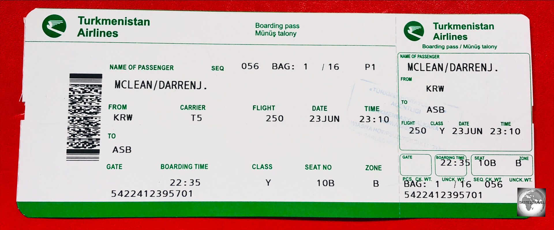 My boarding pass for my domestic flight from Turkmenbashi to Ashgabat. 