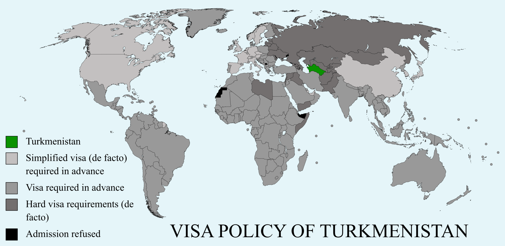 It's all grey! Nationals from the grey countries require a visa to visit Turkmenistan - that's everyone! <br><i>Source: Wikipedia. 