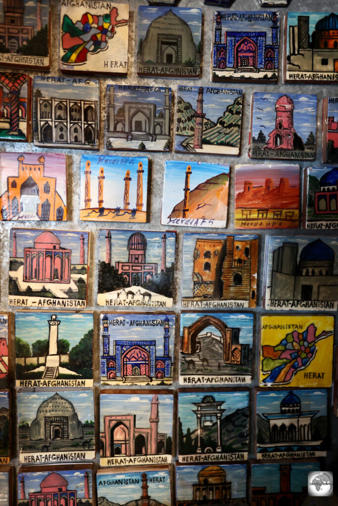 "Afghanistan" souvenir fridge magnets on sale at Herat bazaar.