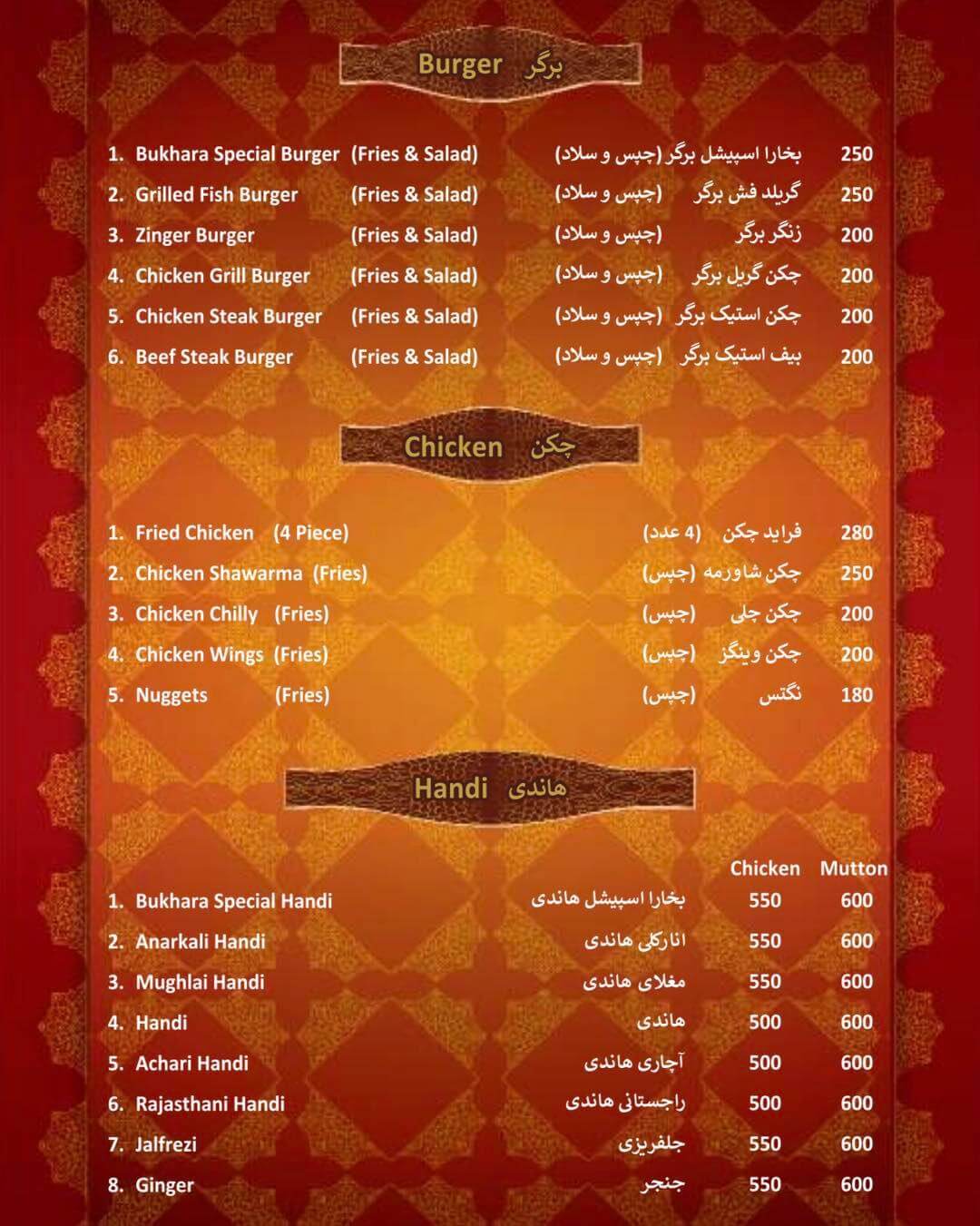 Menu prices, at the very fine, Bukhara Restaurant, in Kabul. 