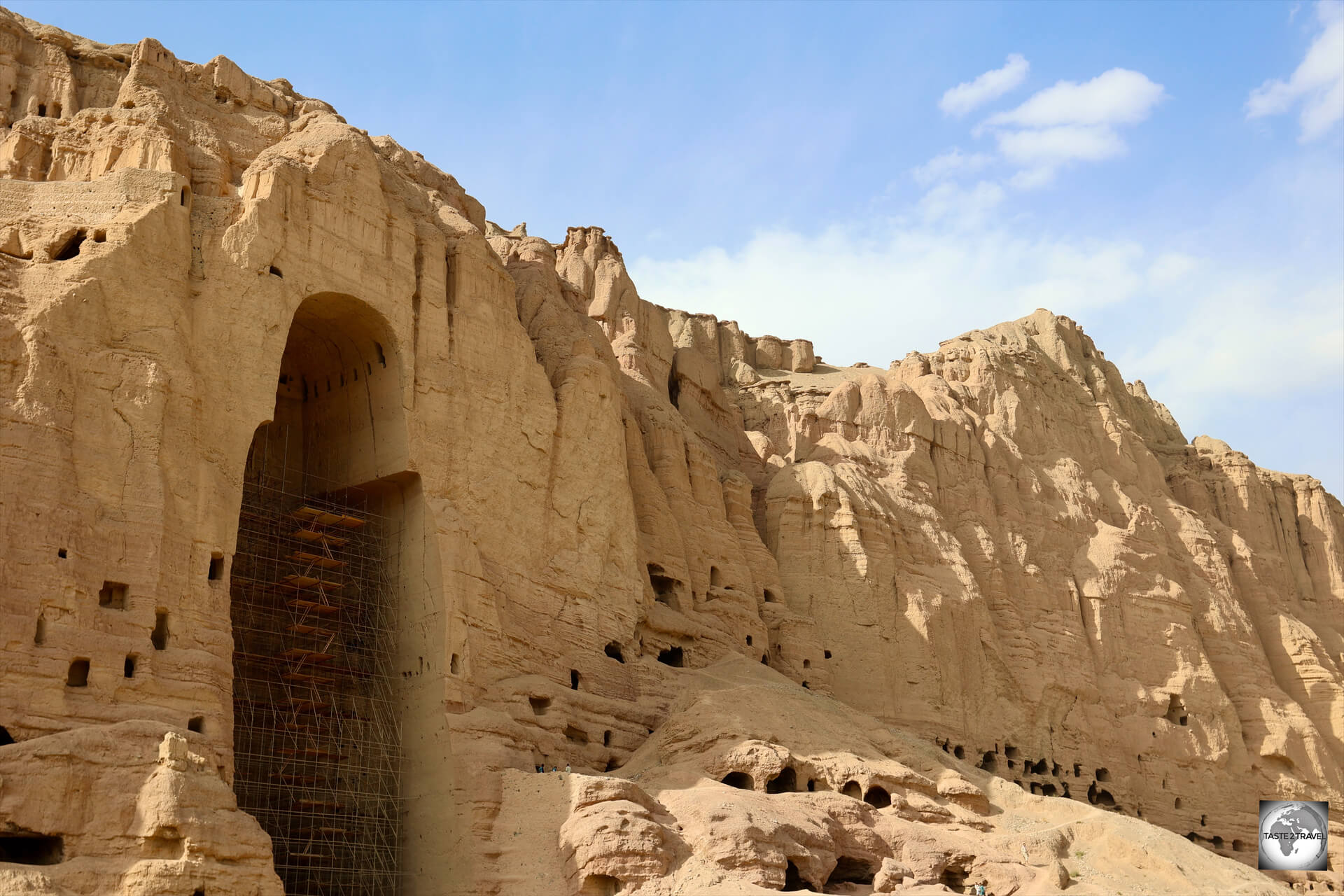 A view of the sandstone cliff at Bamyan, and the niche of the larger Western Buddha. 