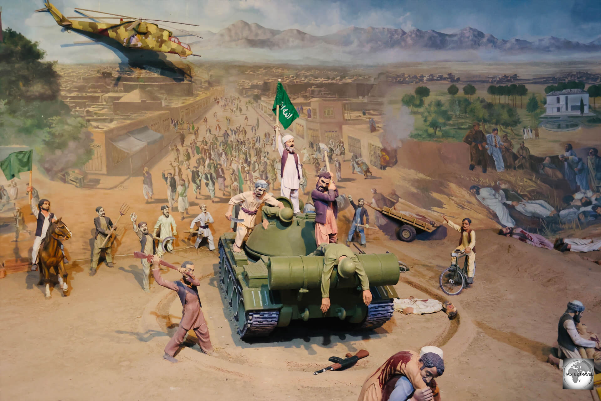 A highlight of the Jihad Museum is a 360° diorama which depicts Afghan villagers rising up against Soviet soldiers.