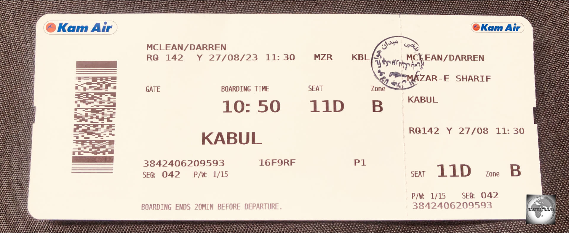 My Kam Air boarding pass, for my flight from Mazar-i-Sharif to Kabul.