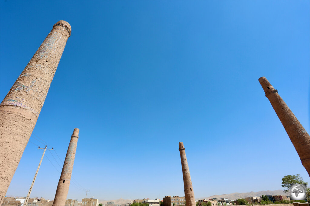 Four of the five, 55-metre-high, 15th century minarets, at the Musalla complex in Herat.