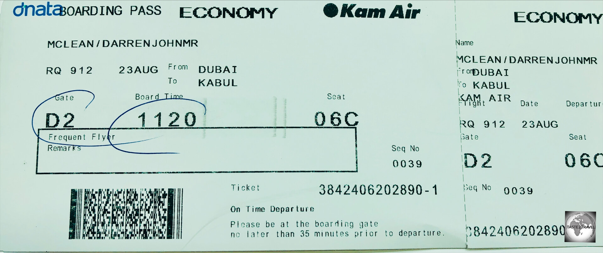 My boarding pass for my Kam Air flight from Dubai to Kabul. 