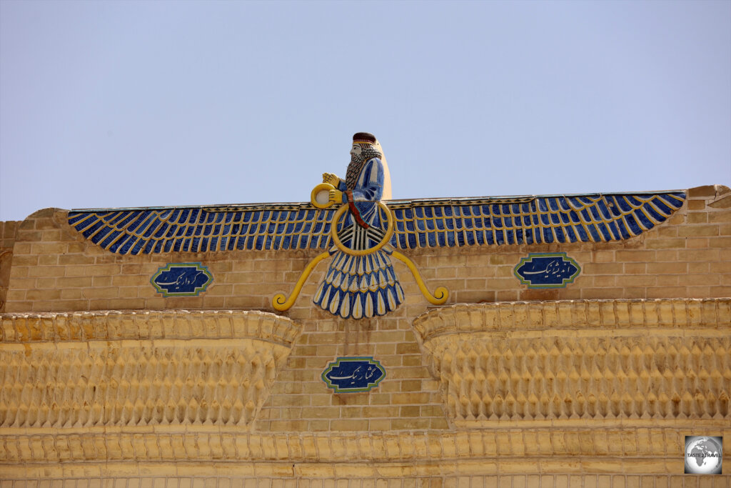 The main entrance of the Zoroastrian Fire Temple features the Faravahar. a symbol from ancient Persia which represents Ahura Mazda, the god of Zoroastrianism
